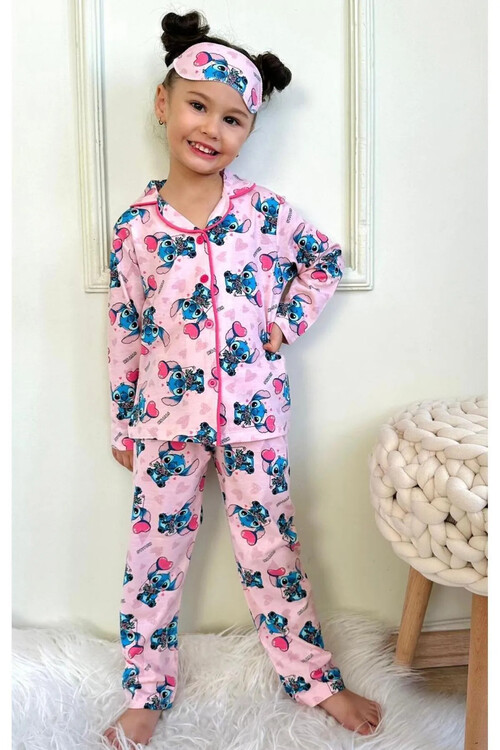 Kız Çocuk Desenli Düğmeli Pijama Takımı Göz Bandı Dahil