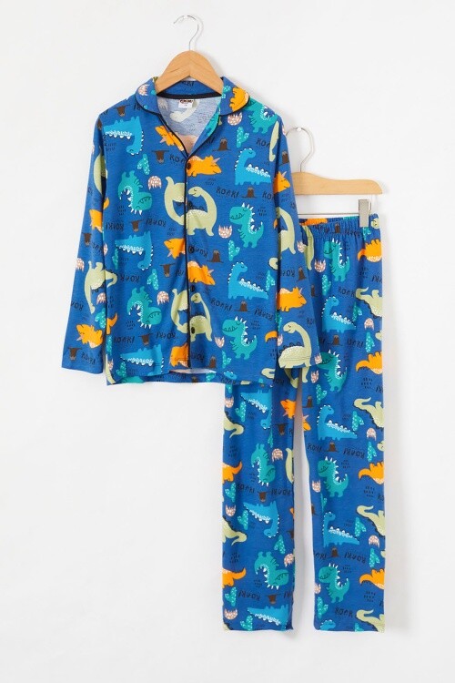 İndigo Dinozor Baskılı Düğmeli Erkek Çocuk Pijama Takımı