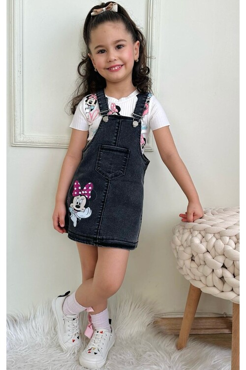 Kız Çocuk Fitilli Desenli Tshirt - Etekli Minnie Baskılı Kot Salopet Takım