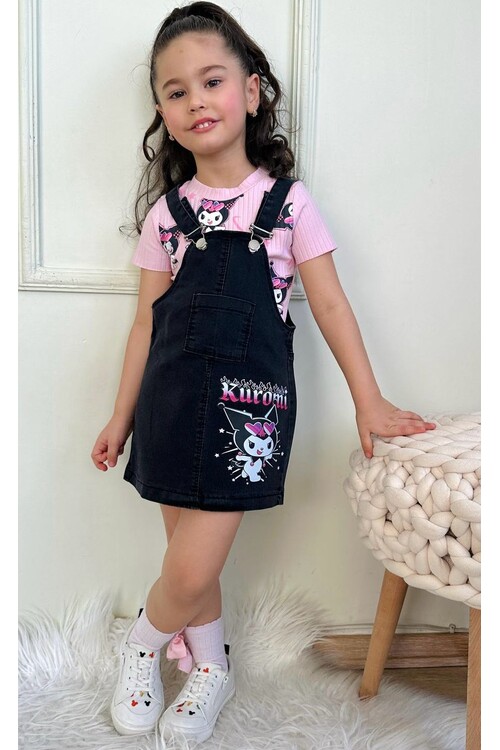 Kız Çocuk Fitilli Desenli Tshirt - Etekli Kedi Baskılı Kot Salopet Takım